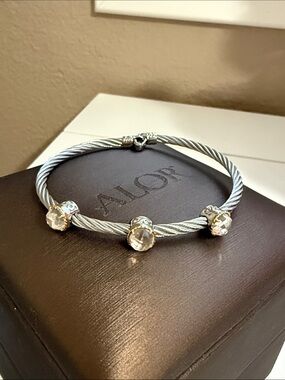 ALOR 18K and Stainless Steel 3-Station Cable Bangle with White Topaz